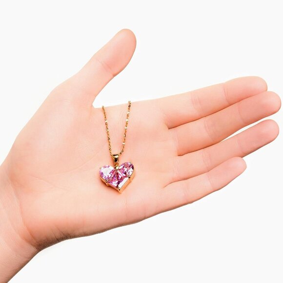 Pink Cubic Zirconia Heart Necklace 24k Gold Plated Women - Picture 3 of 7